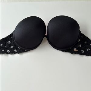 VICTORIAS SECRET PINK BLACK STRAPLESS PUSH-UP PLUNGE BRA SIZE 32DD LACE